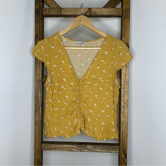 American Eagle Outfitters Tops - American Eagle Yellow Floral Ruched Women's Top M